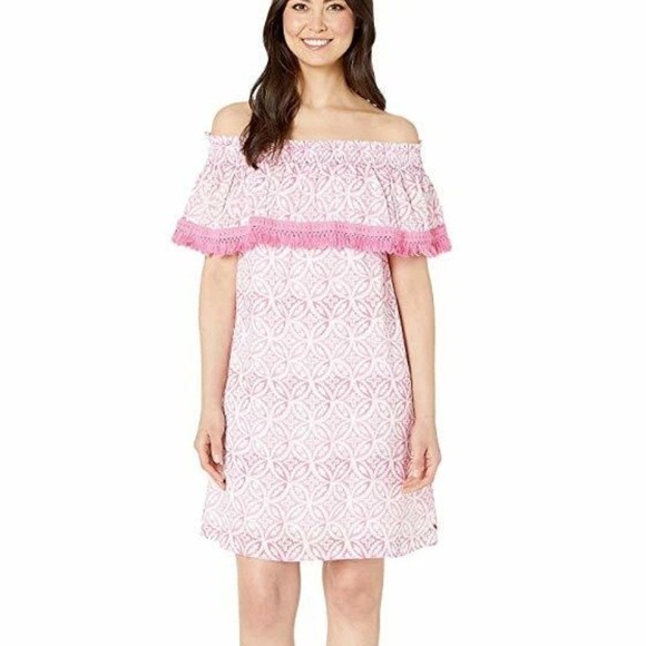 Hatley Dresses & Skirts - Hatley Olivia Dress Small Pink White Off Shoulder Organic Cotton Tassel‎ Trim